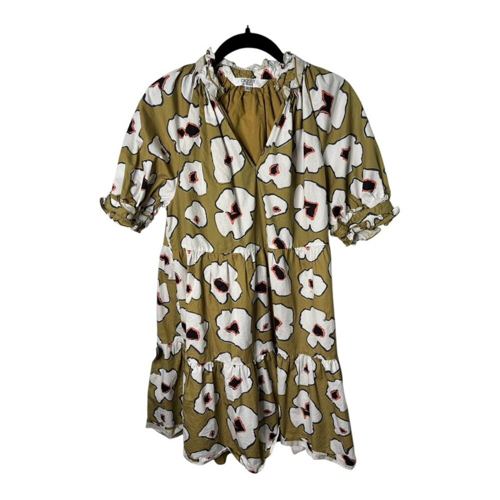 Crosby by Mollie Burch Tan White Floral Short Sleeve Babydoll Dress XS